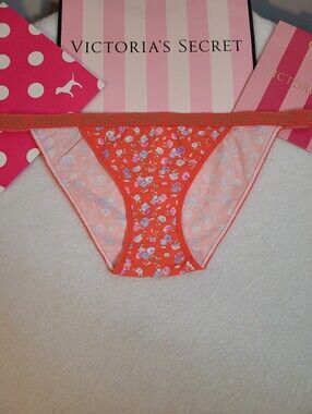 Retired VS PINK Sparkle Logo Band Floral Cotton String Bikini Panty Size Lg